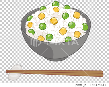 Illustration of rice cooked with green peas and corn (with chopsticks and chopstick rests added) 136374614