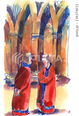 Two Clergymen In Red Robes Talking 136374615