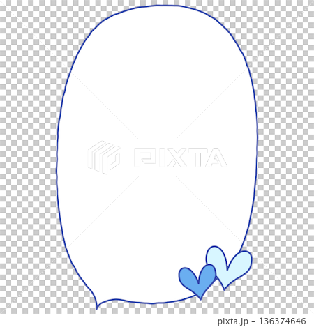 手書きの下向きの縦長楕円形の吹き出し（ハート、青） 136374646