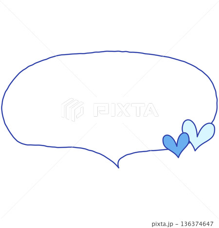 手書きの下向きの横長楕円形の吹き出し（ハート、青） 136374647