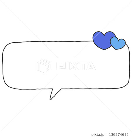 手書きの下向きの横長四角形の吹き出し（ハート、青） 136374653
