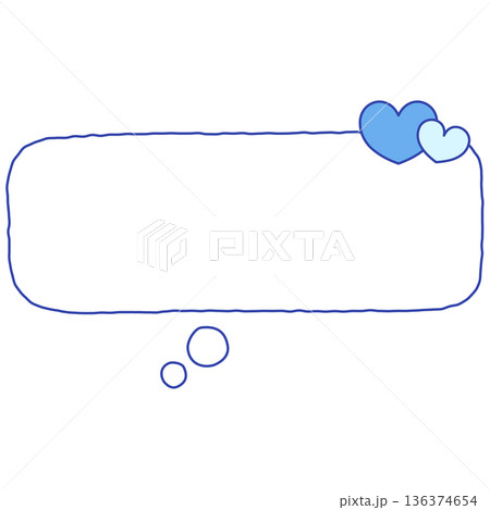 手書きの下向きの横長四角形の吹き出し(ハート、青) 手書きの下向きの横長四角形の吹き出し(ハート、青) 136374654