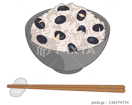 黒豆の炊き込みご飯のイラスト（お箸と箸置きの追加） 136374754