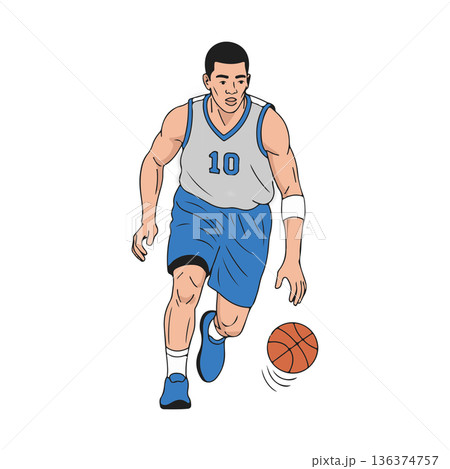 Male Basketball Player Dribbling the Ball and Driving Forward, Flat Vector Illustration Isolated on Black Background 136374757