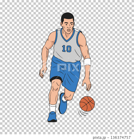 Male Basketball Player Dribbling the Ball and Driving Forward, Flat Vector Illustration Isolated on Black Background 136374757