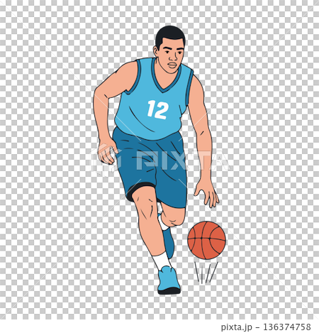 Male Basketball Player Dribbling the Ball and Driving Forward, Flat Vector Illustration Isolated on Black Background 136374758