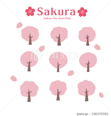 春素材 シンプルな桜の木のイラスト セット アセット 春素材 シンプルな桜の木のイラスト セット アセット 136374763
