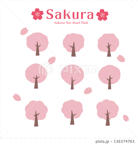 春素材 シンプルな桜の木のイラスト セット アセット 春素材 シンプルな桜の木のイラスト セット アセット 136374763