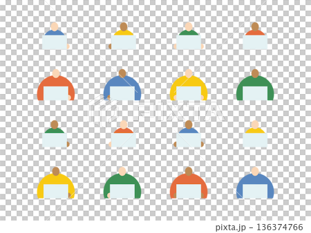 パソコンに向かう人物のシンプルでカラフルなイラストセット パソコンに向かう人物のシンプルでカラフルなイラストセット 136374766