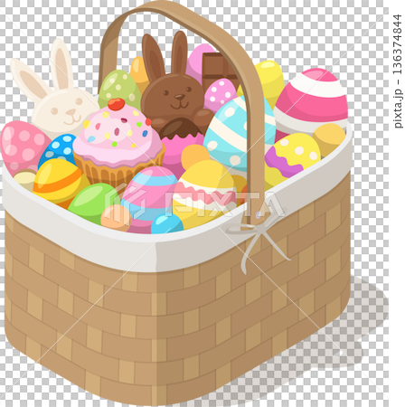 Easter basket with candy, chocolate bunnies and colorful eggs 136374844