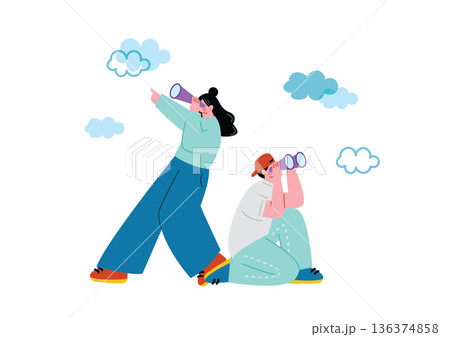 望遠鏡で周囲を観察する男女　ビジネス 136374858