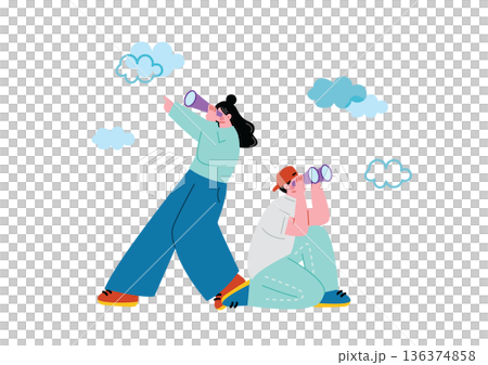 望遠鏡で周囲を観察する男女　ビジネス 136374858