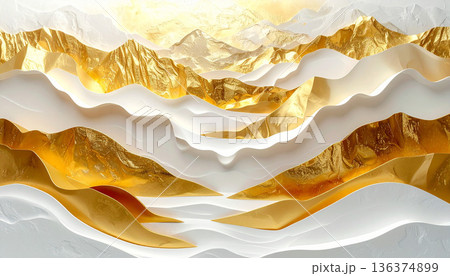 ゴールドの山々と白い波の融合アート 136374899