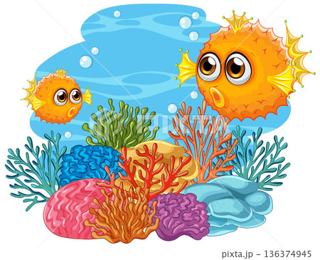 Cartoon Puffer Fish Swimming Over a Colorful Coral Reef Scene Cartoon Puffer Fish Swimming Over a Colorful Coral Reef Scene 136374945