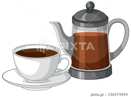 Vector Illustration of a White Coffee Cup and Glass French Press 136374954