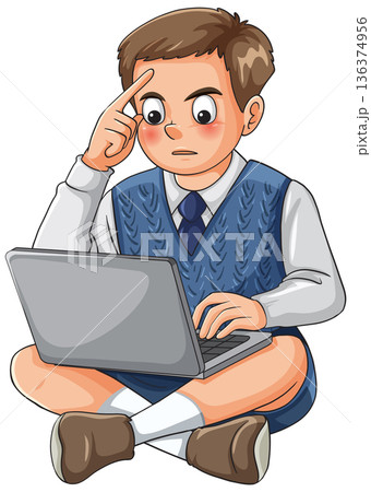 Confused Schoolboy Sitting Cross-Legged Using Laptop Computer 136374956