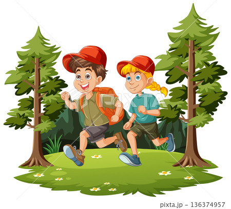 Two Young Children Running and Hiking Through a Pine Forest Two Young Children Running and Hiking Through a Pine Forest 136374957