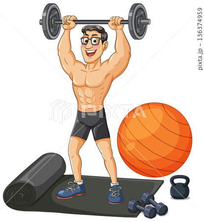 Muscular Man Lifting Barbell with Gym Equipment Vector Illustration 136374959