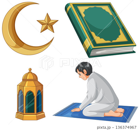 Islamic Religious Symbols and Muslim Man Praying Vector Illustration Set 136374967