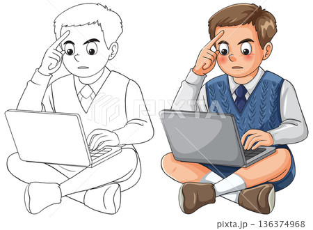 Focused Schoolboy Sitting Cross-Legged Using Laptop Computer Focused Schoolboy Sitting Cross-Legged Using Laptop Computer 136374968