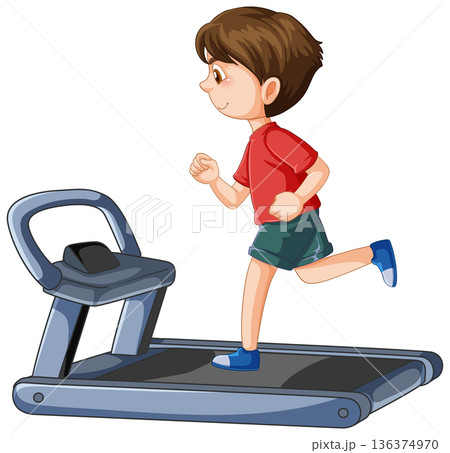 Young Boy Running on a Treadmill Vector Illustration on White Background 136374970