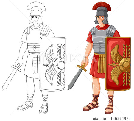 Ancient Roman Soldier Vector Illustration with Line Art and Colored Version 136374972