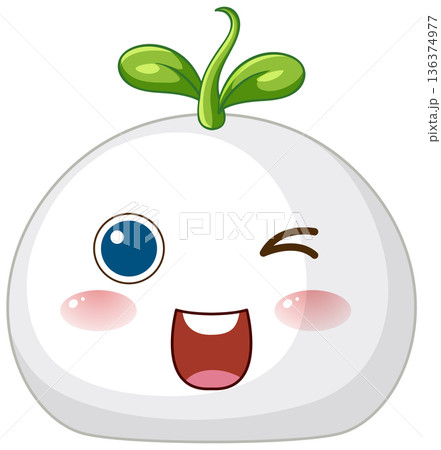 Cute White Cartoon Character With Green Sprout Winking and Smiling 136374977