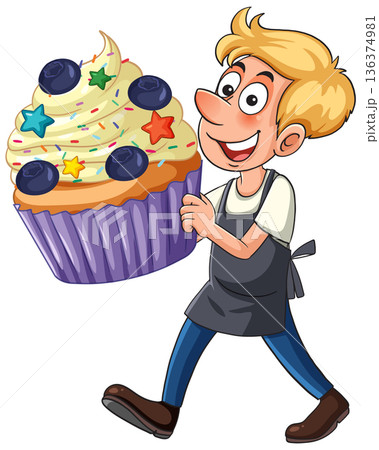 Cartoon Baker Carrying a Giant Blueberry Cupcake with Sprinkles and Stars 136374981