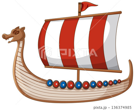 Traditional Viking Longship Vector Illustration with Dragon Figurehead and Striped Sail Traditional Viking Longship Vector Illustration with Dragon Figurehead and Striped Sail 136374985