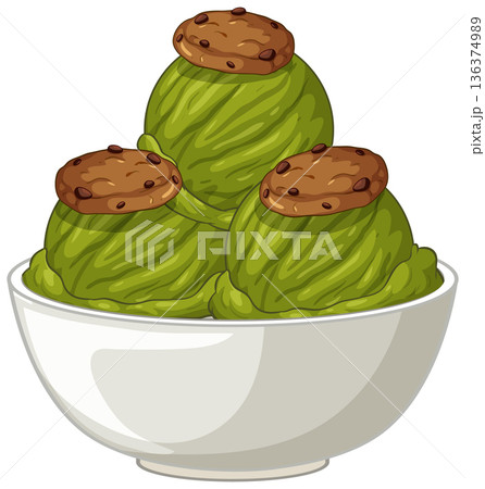 Matcha Green Tea Ice Cream Scoops with Chocolate Chip Cookies Matcha Green Tea Ice Cream Scoops with Chocolate Chip Cookies 136374989