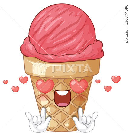 Cute Pink Ice Cream Cone Character with Heart Eyes and Rock On Hands 136374990