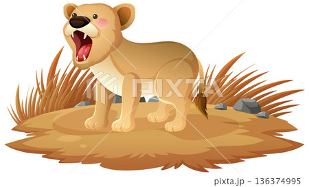 Cartoon Lion Cub Roaring on Grassy Patch Cartoon Lion Cub Roaring on Grassy Patch 136374995