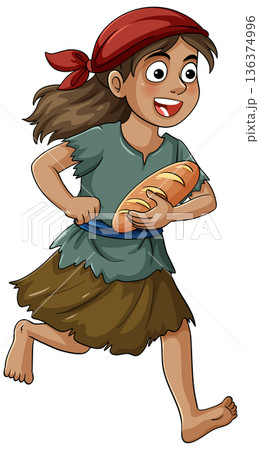 Young Girl Running With Stolen Bread Cartoon Illustration Young Girl Running With Stolen Bread Cartoon Illustration 136374996