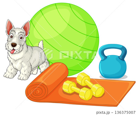 Cartoon West Highland White Terrier with Fitness and Exercise Equipment Cartoon West Highland White Terrier with Fitness and Exercise Equipment 136375007