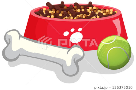 Red Dog Food Bowl with Bone and Tennis Ball Illustration Red Dog Food Bowl with Bone and Tennis Ball Illustration 136375010