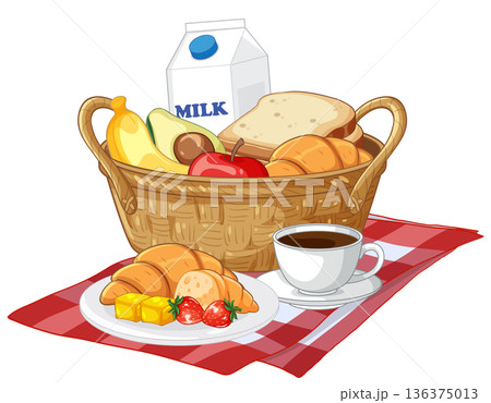 Wicker Picnic Basket Filled with Fresh Fruit Bread and Milk 136375013