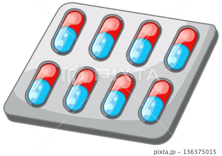 Vector Illustration of a Blister Pack with Red and Blue Capsules 136375015