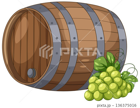 Wooden Wine Barrel with a Bunch of Fresh Green Grapes 136375016