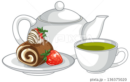 Chocolate Swiss Roll Cake with Fresh Strawberries and Green Tea Set 136375020