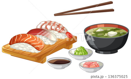 Japanese Sushi Set with Miso Soup and Traditional Condiments 136375025