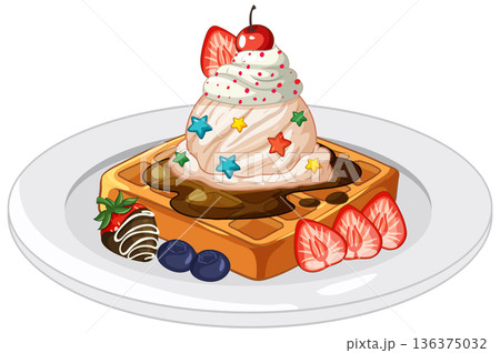 Belgian Waffle with Ice Cream Chocolate Sauce and Fresh Berries 136375032