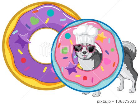 Cartoon Dog Wearing Chef Hat and Sunglasses Inside Colorful Glazed Donuts 136375033