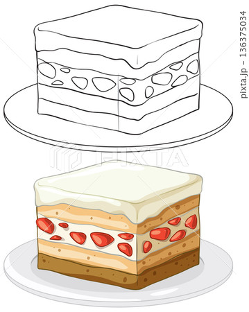 Layered Strawberry Cream Cake Slice Vector Illustration and Line Art 136375034