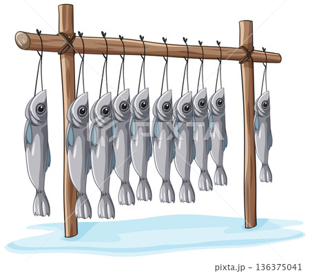 Vector Illustration of Fresh Fish Hanging on a Wooden Drying Rack 136375041