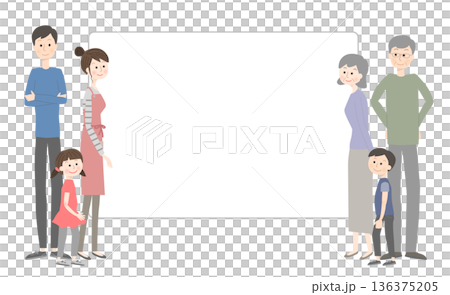 フレームを笑顔で見ている三世代家族 136375205