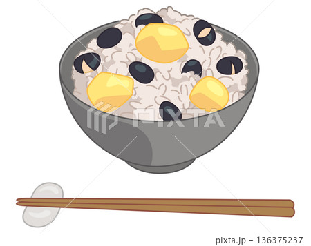 栗と黒豆の炊き込みご飯のイラスト（お箸と箸置きの追加） 136375237