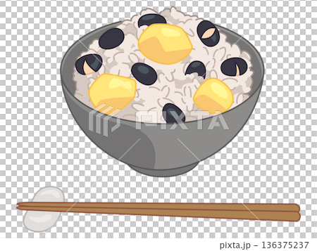 栗と黒豆の炊き込みご飯のイラスト（お箸と箸置きの追加） 136375237