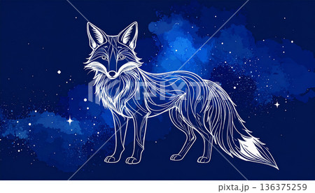 狐の白いラインアート青の星空幻想的なデザインのイラスト素材