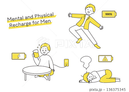 メンタル回復中の男性｜心や体の充電状況を表すイラストセット 136375345