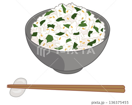 わかめと白ごまの混ぜご飯のイラスト（お箸と箸置きの追加） 136375455